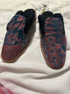 Free People Butterfly Effect Teal and Burgundy Glitter Slip-On Mules